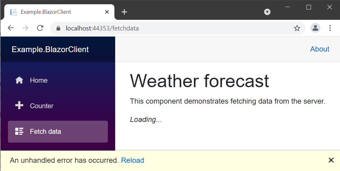 Blazor says ‘an unhandled error has occurred’ on the Weather Forecasts page
